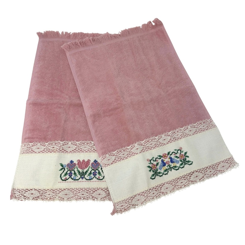 Coquette Grandmacore Cottagecore Cross Stitch Beaded Hand Towels Pink Set of 2